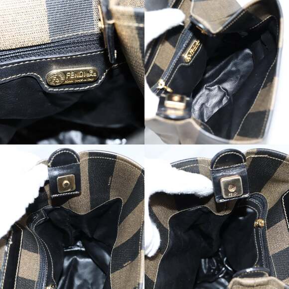 FENDI Pecan Canvas Shoulder Bag Pvc Black Brown Gold - Picture 12 of 13